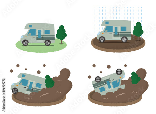 土砂災害に遭うキャンピングカーのベクターイラストセット
