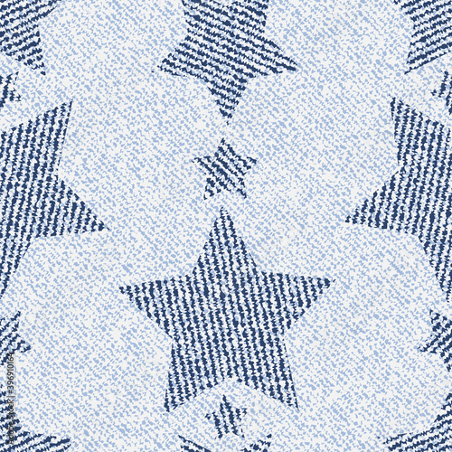 Jeans background with stars. Vector Denim seamless pattern. Blue jeans fabric.
