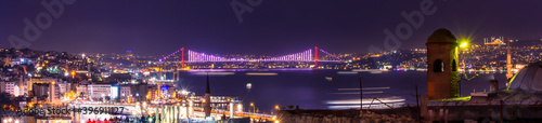 Panoramic view of 15th July Martyrs Bridge (15 Temmuz Sehitler Koprusu) aka: Bosphorus Bridge at night time from Suleymaniye district. Istanbul, Turkey. photo