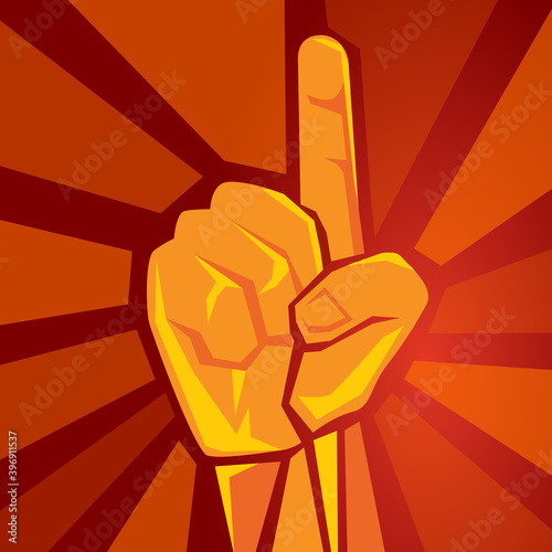 one single finger hand showing raised supporting movement symbol of winner retro socialism poster vector illustration in red background