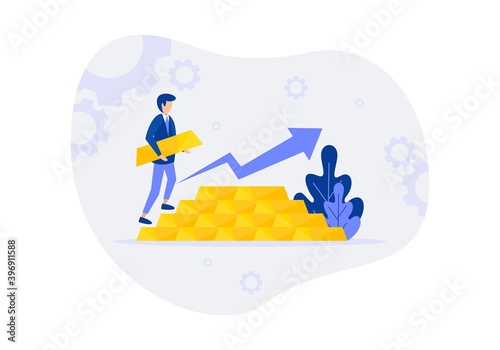 Invest in gold concept design. Miniature people are calculating the amount of their gold investment - Vector illustration.