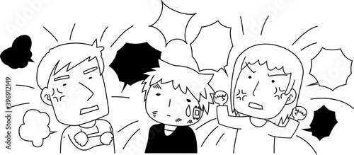 Monochrome angry couple who abuses children