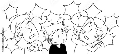 Monochrome angry couple who abuses children