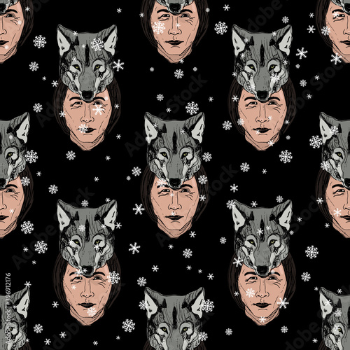 Seamless winter pattern with heads of Native American man in wolf mask. Ethnic Indigenous totem design.