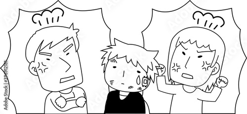 Monochrome angry couple who abuses children