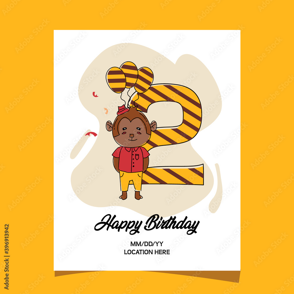2nd birthday party invitation card with cartoon baby animal monkey character design 2nd birthday party invitation card with cartoon baby animal monkey character design