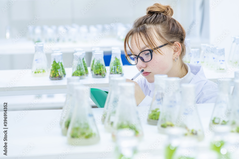 A worker in a biological laboratory fills out a report by examining plants grown in a nutrient solution in flasks. Biological research at the university A worker in a biological laboratory fills out a report by examining plants grown in a nutrient solution in flasks. Biological research at the university