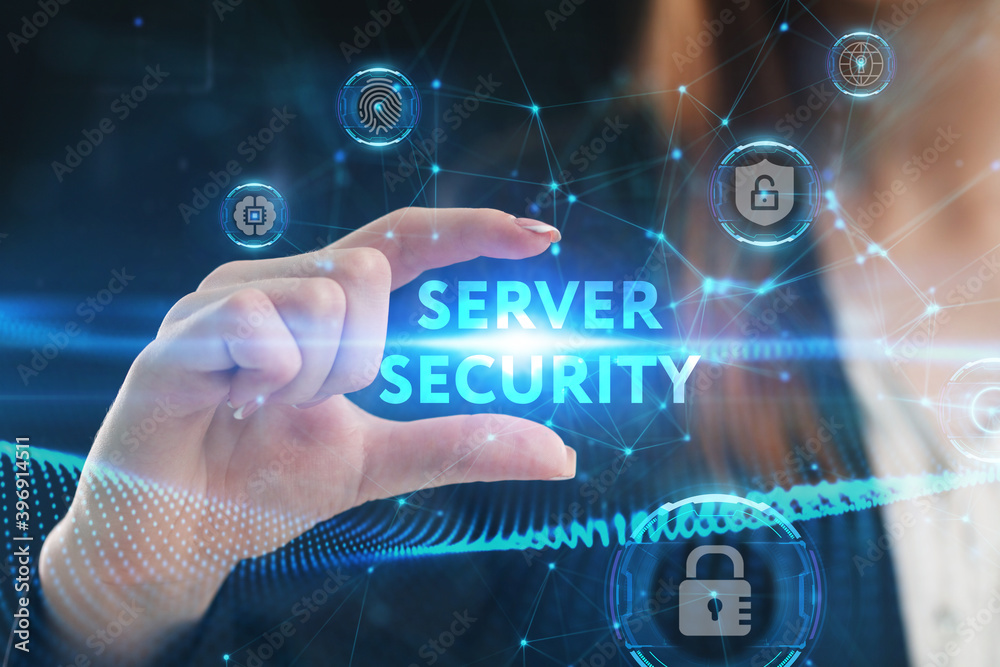 Business, Technology, Internet and network concept. Young businessman working on a virtual screen of the future and sees the inscription: Server security Business, Technology, Internet and network concept. Young businessman working on a virtual screen of the future and sees the inscription: Server security