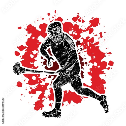 Hurling sport player action. Irish Hurley sport cartoon graphic vector.