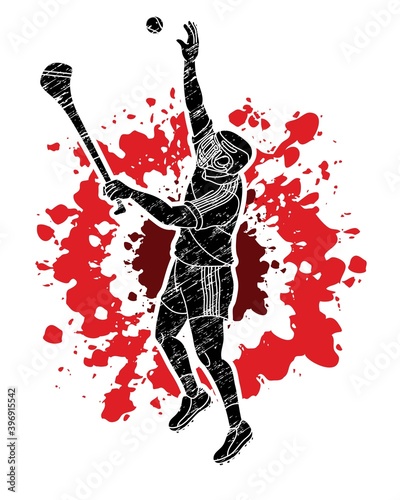 Hurling sport player action. Irish Hurley sport cartoon graphic vector.