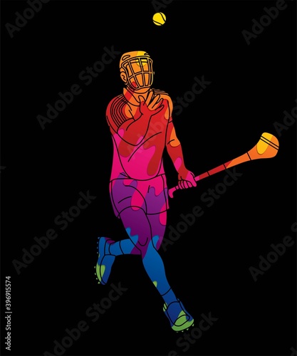 Hurling sport player action. Irish Hurley sport cartoon graphic vector.