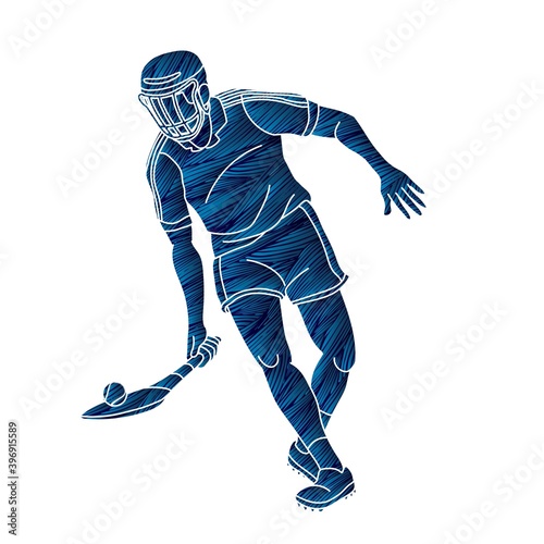 Hurling sport player action. Irish Hurley sport cartoon graphic vector.