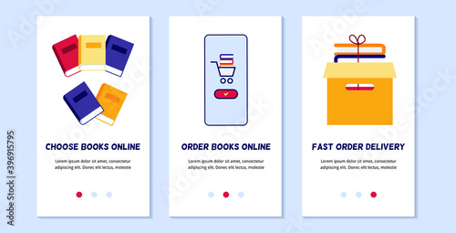 Examples of mobile application pages for an online bookstore. Page concepts depicting selection of various books, order confirmation for delivery and delivery from an online bookstore.