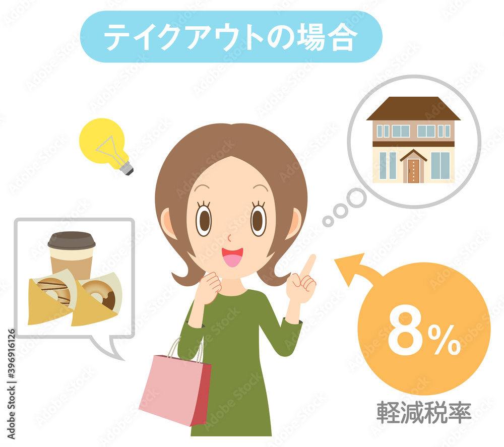 テイクアウト 消費税 軽減税率 持ち帰りする女性【ベクター素材】 テイクアウト 消費税 軽減税率 持ち帰りする女性【ベクター素材】