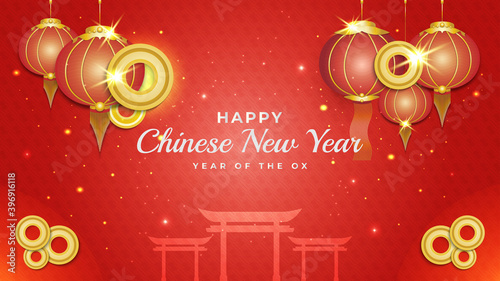 Happy Chinese New Year 2021 banner or poster with red and gold lanterns and silhouette of Chinese gate on red ornamental background