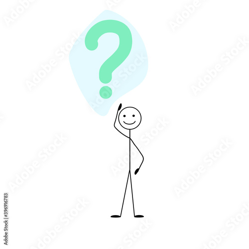 A stick figure with a question mark icon. Look for solutions. A stick figure on a white background and a transparent abstract blue cloud with a question mark.