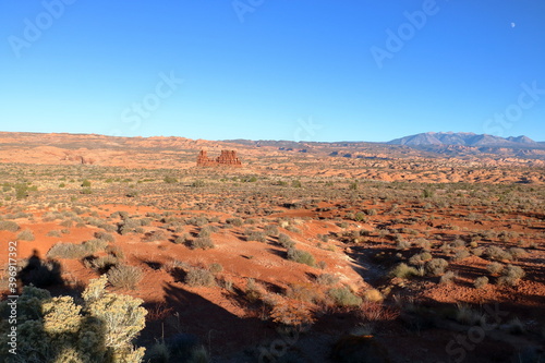 Desert landscape and La Sal Mountains in background, Arches National Park