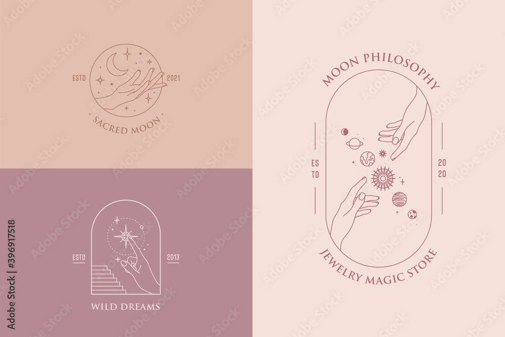Vector hand gestures set of logo design templates in minimal linear style. Planet, moon, stars. Pastel colors. Vector hand gestures set of logo design templates in minimal linear style. Planet, moon, stars. Pastel colors.