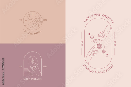 Vector hand gestures set of logo design templates in minimal linear style. Planet, moon, stars. Pastel colors.