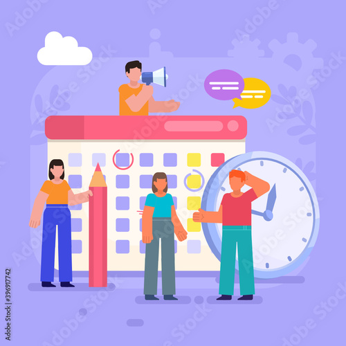 Time management, work planner, schedule. Group of people stand near big calendar, watches. Modern vector illustration