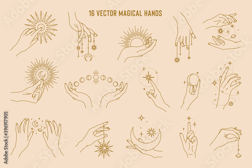16 vector magical hands set of logo template. Linear style, minimal design. Planets, moon phases, sun and stars. Esoteric and mystical design elements.