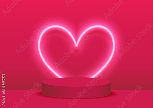 Stage podium decorated with heart shape lighting. Pedestal scene with for product, advertising, show, award ceremony, on pink background. Valentine's day background. Minimal style.Vector illustration.