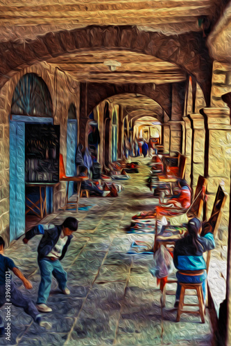 Children and people selling tourist souvenirs at the marquee of a historic building in Cusco. The ancient capital of the Inca Empire in Peru, that became a major tourist destination. Oil paint filter.