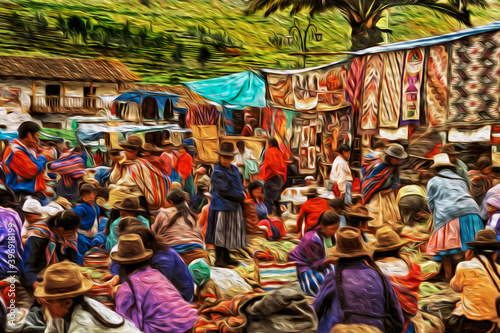 Folkloric market with indigenous people selling colorful souvenirs and typical products in Pisac. A cute countryside village at the Urubamba valley in the Peruvian Andes. Oil paint filter. photo