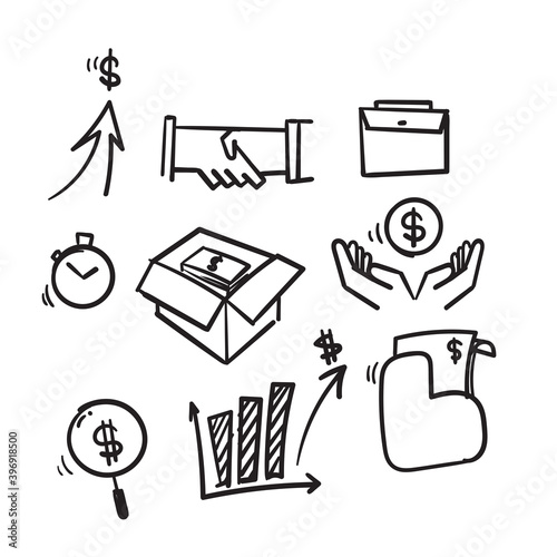 hand drawn set of linear icons related to finance management, trade service and investment strategy in doodle style vector