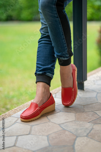Comfortable shoes, Asian Female, Move ahead with your heartful confident. Portrait of a young woman walking on a happy day.