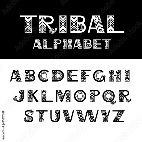 Tribal Alphabet. Capital letters in geometric ethnic style . Vector font illustration