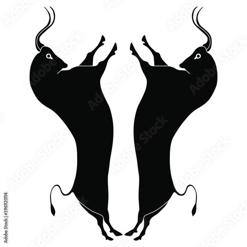 Symmetrical animal design with two bulls. Black and white silhouette. Ancient Greek Cretan Minoan art.