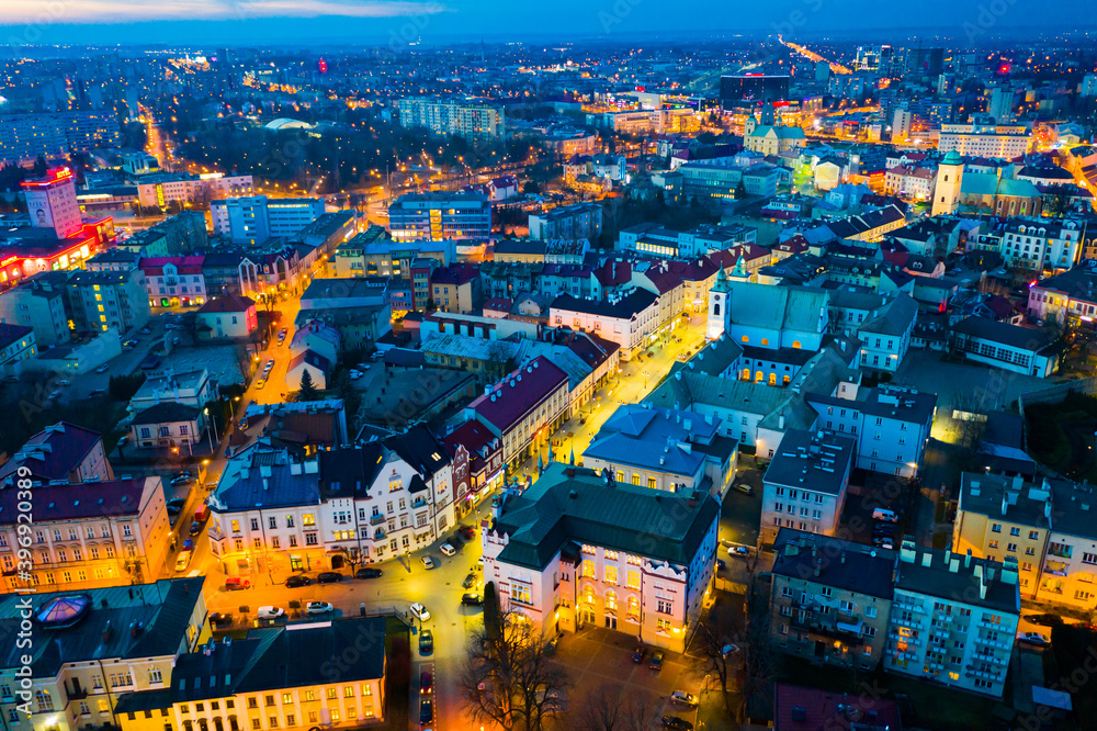 Picturesque view from drone of city of Rzeszow at night, Poland