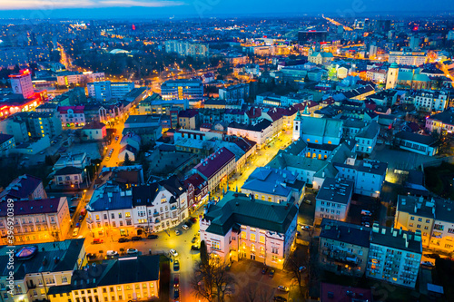 Picturesque view from drone of city of Rzeszow at night, Poland