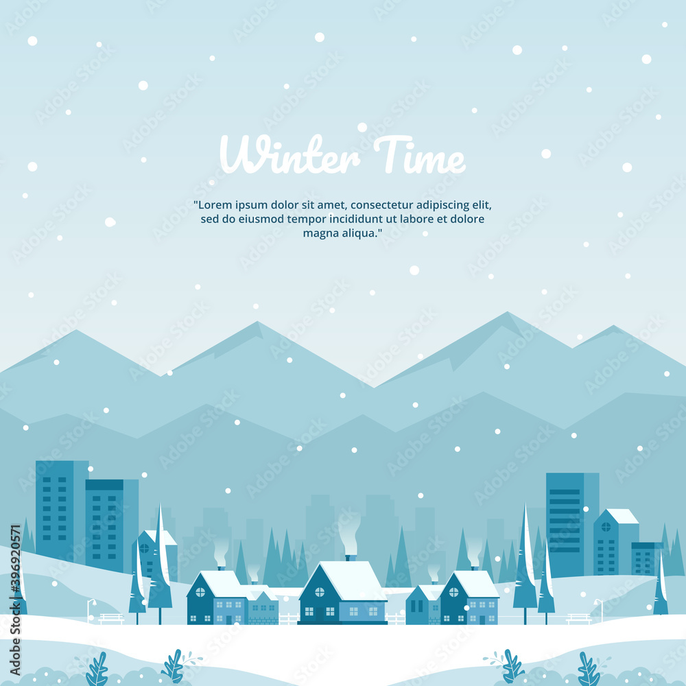 Vector illustration of winter landscape with city in mountains and flat buildings in blue, perfect for winter and year-end holiday background concept - obrazy, fototapety, plakaty 