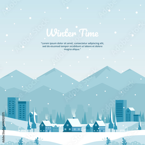Vector illustration of winter landscape with city in mountains and flat buildings in blue, perfect for winter and year-end holiday background concept