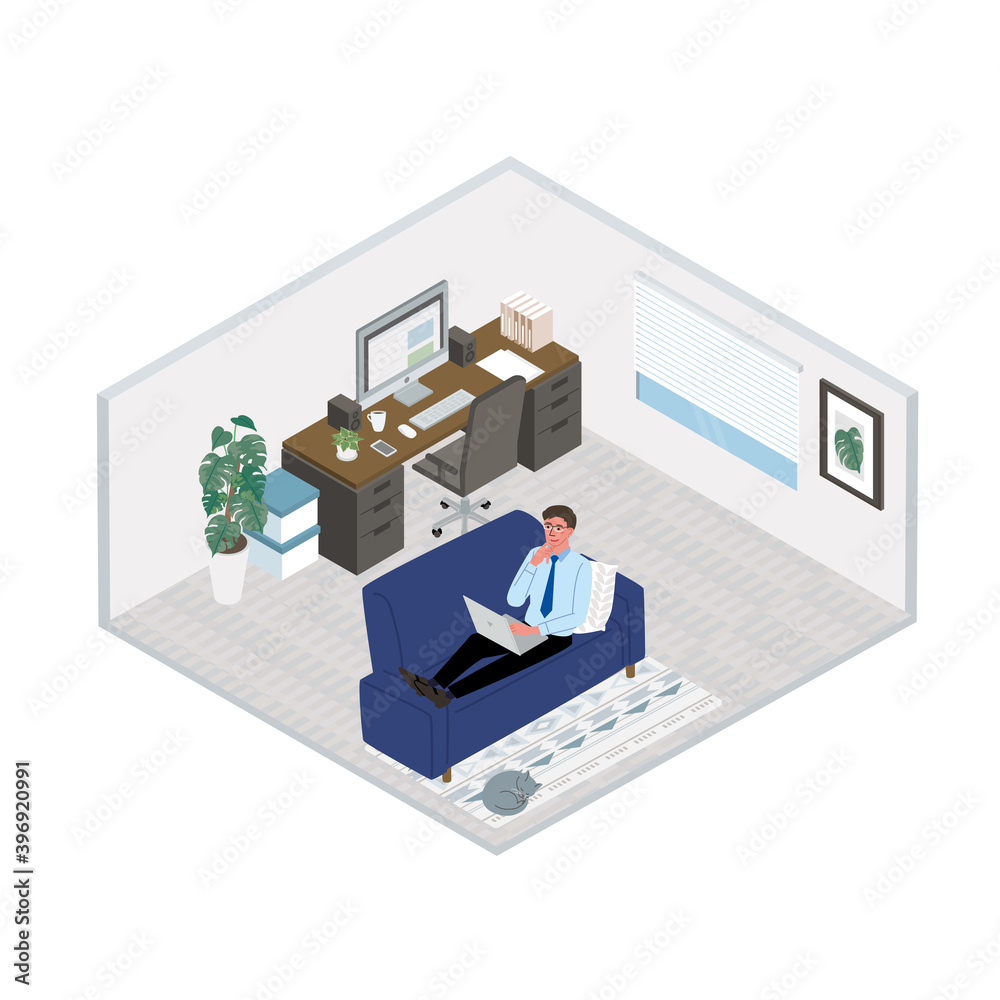 Fototapeta premium リモートワーク パソコンをする男性 リラックス イラスト 