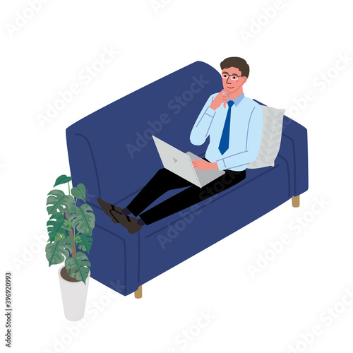 リモートワーク　パソコンをする男性 　リラックス　イラスト
