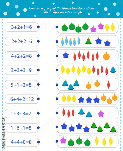  Math game for children. Pair Christmas toys with matching examples