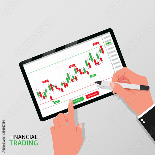 Financial trading concept. Forex trading indicator on tablet screen with hands holding pen tab vector illustration.