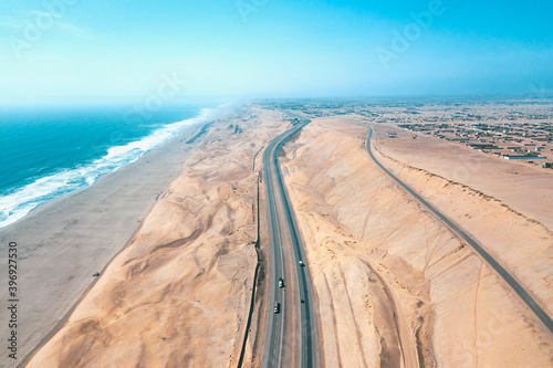 Panamericana road with Pacific ocean, aerial view panamericana in Cañete, Perú.
 photo