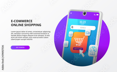 Online shopping click buy on mobile e commerce landing page concept digital marketing 3d phone modern illustration