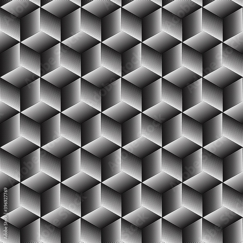 Vector seamless pattern. Modern tile, figurative design template with striped black white rhombuses (squares), hexagons. Background, texture with op art effect. Parallel lines of ornament, card cover
