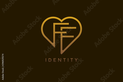 Abstract initials F and F logo, gold colour line style heart and letter combination, usable for brand, card and invitation, logo design template element,vector illustration