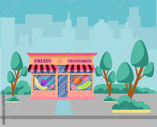 Vector illustration of a fruits and vegetables store. illustration of the exterior facade of the store building in the city. The facade of a products shop. Vector illustration in flat style