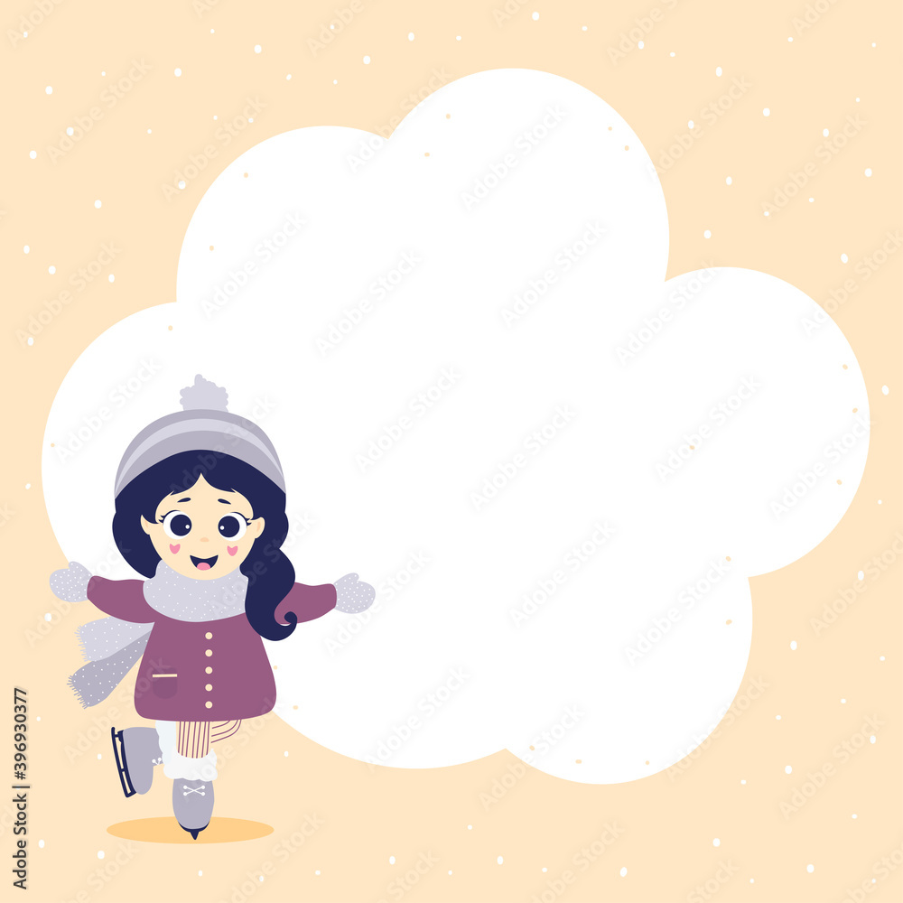 Winter sport postcard. A cute girl in winter clothes is skating. Pink background with snow and Place a cloud for writing text.Vector illustration. Kids collection. Flat design Winter sport postcard. A cute girl in winter clothes is skating. Pink background with snow and Place a cloud for writing text.Vector illustration. Kids collection. Flat design
