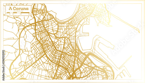 A Coruna Spain City Map in Retro Style in Golden Color. Outline Map. Vector Illustration.