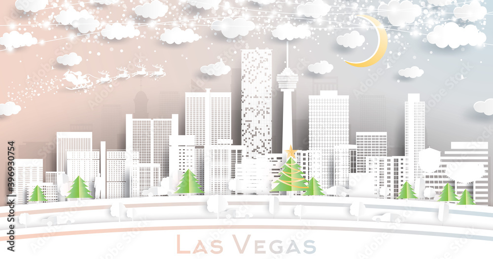 Las Vegas Nevada USA City Skyline in Paper Cut Style with Snowflakes, Moon and Neon Garland.