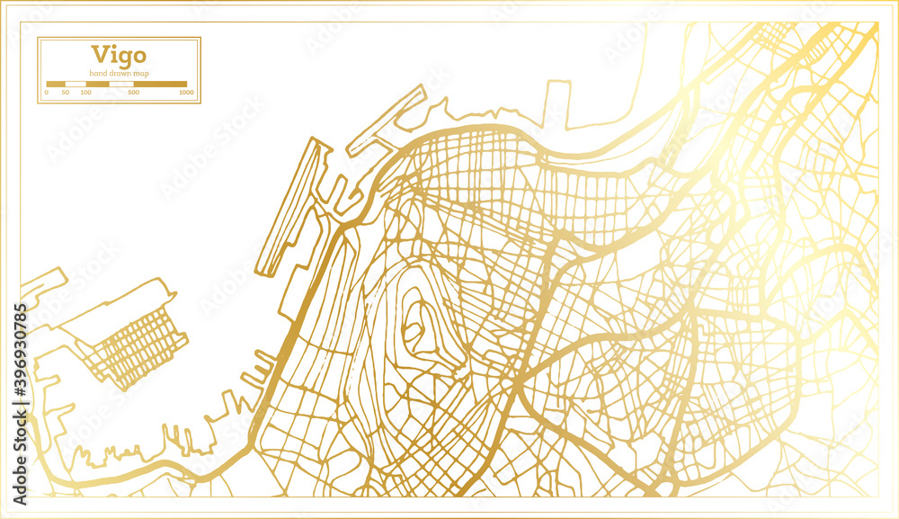 Vigo Spain City Map in Retro Style in Golden Color. Outline Map. Vigo Spain City Map in Retro Style in Golden Color. Outline Map.