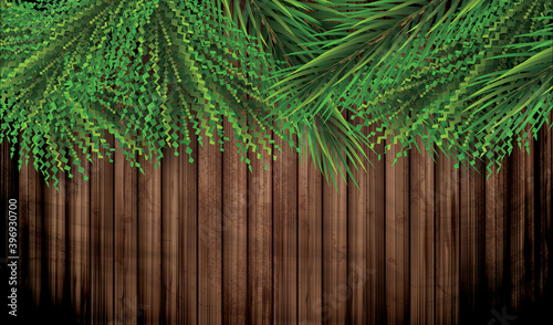 Fir Branches on Wooden Background. Pine Sprigs on Above. Christmas and New Year Decoration.